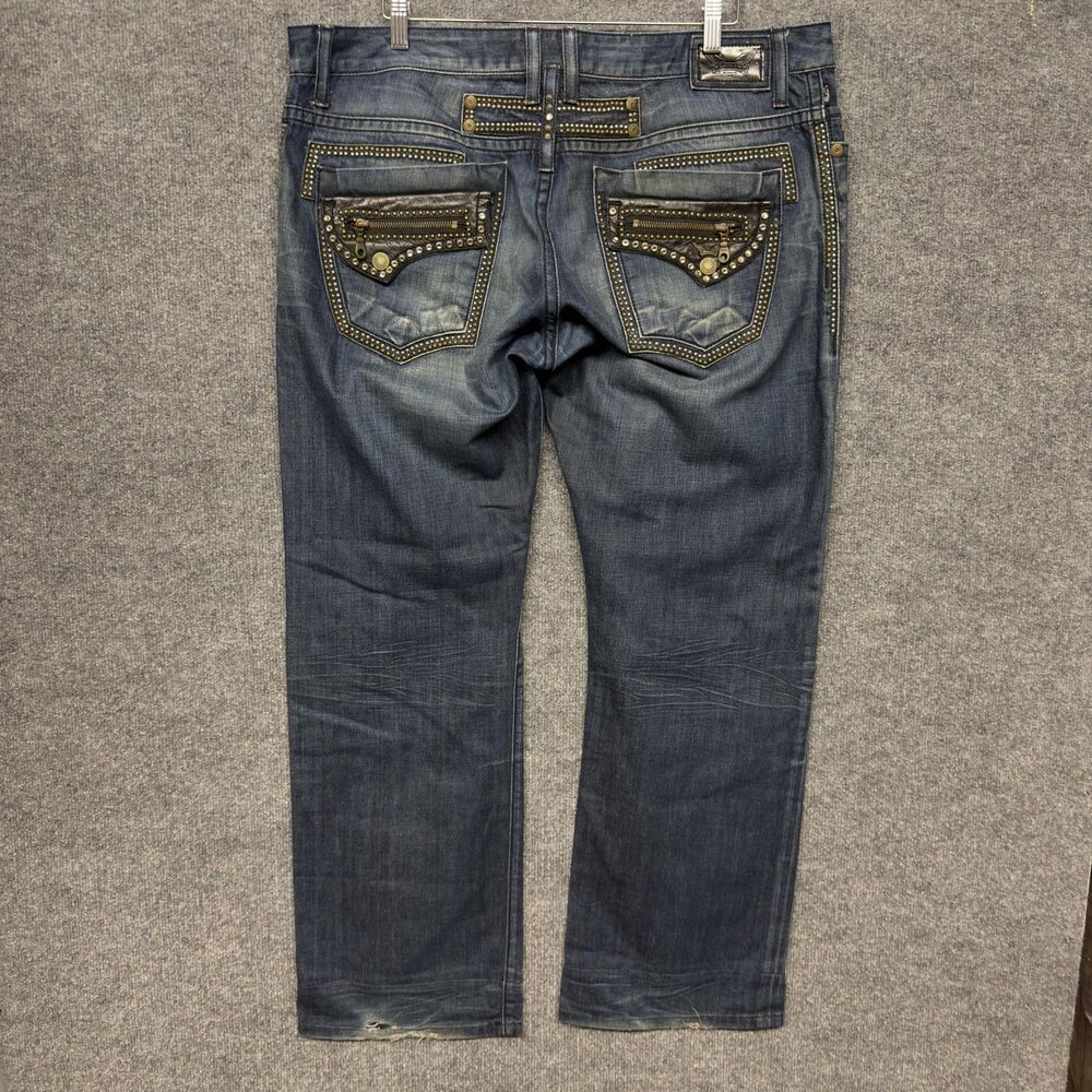 Robin's Jeans Mens Size 40x32 Blue Straight Studded Back Pocket Denim Distressed